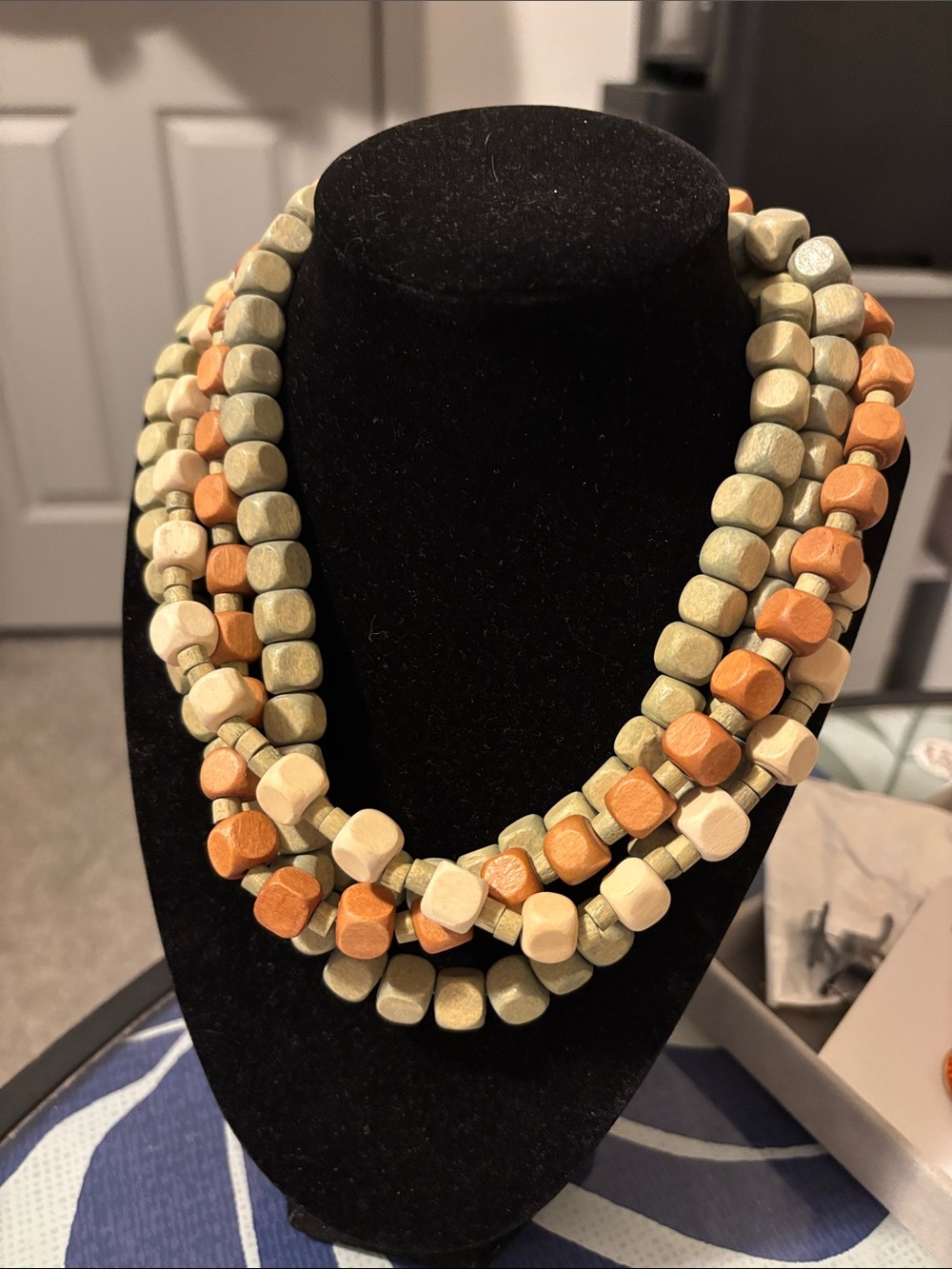 Plunder Multi-Strand Wood Bead Necklace - Sage, Peach & Cream